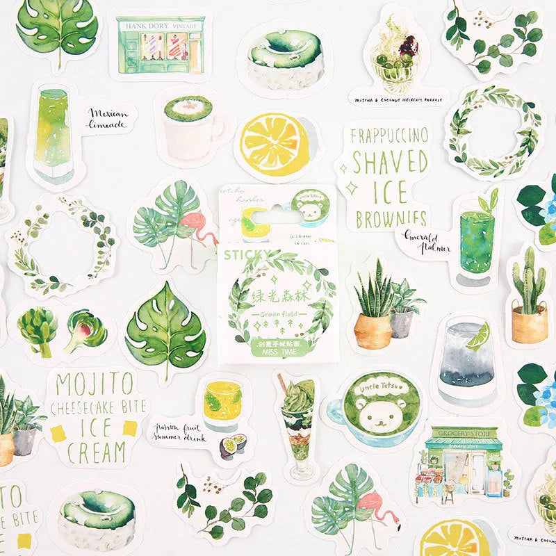 Pack of 46 small colourful cartoon decorative stickers for journals, shown with themed sets.