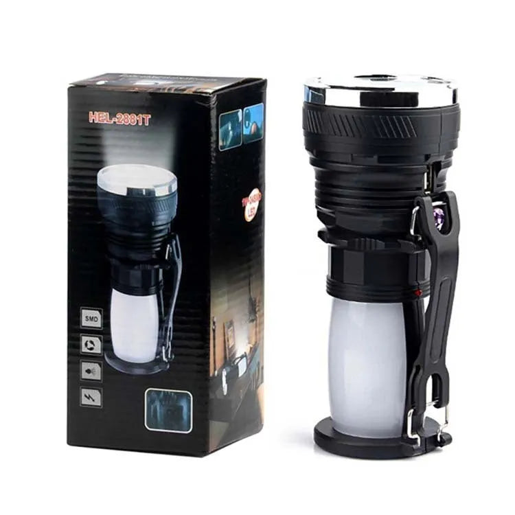 Black solar charging LED emergency flashlight body with 800mAh battery capacity and USB port for outdoor camping and hiking use