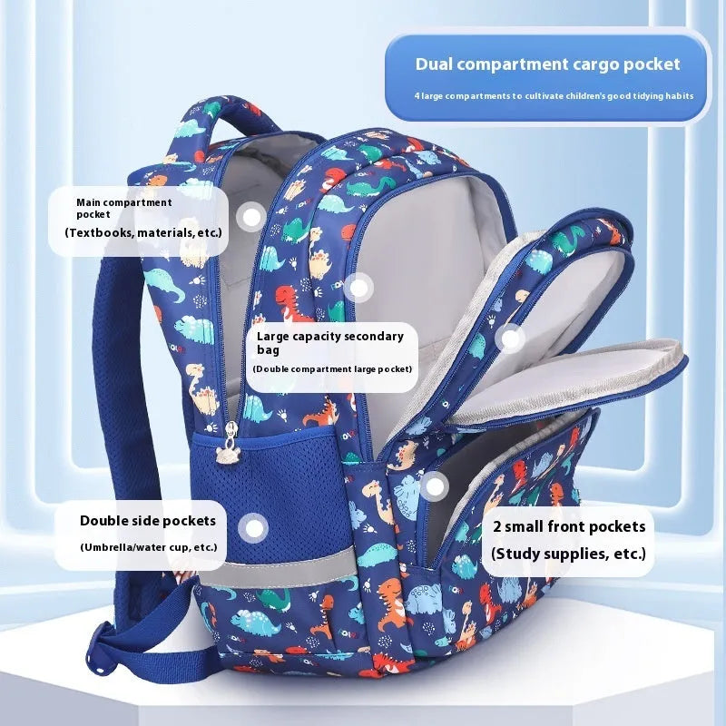 Blue children's school backpack with dinosaur print, showing curved straps and modern design.