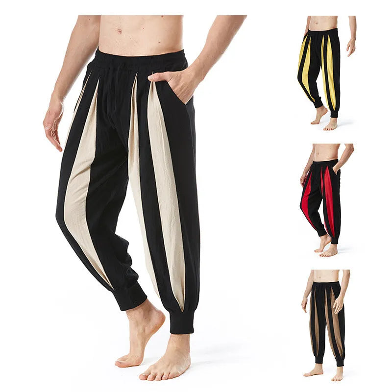 Men's straight-leg casual trousers in red, khaki, yellow, or brown colours with ordinary thickness polyester fabric