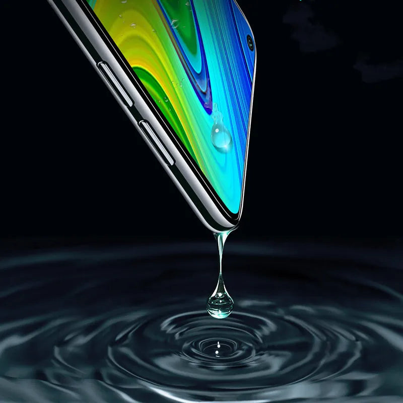 Tempered glass screen protector for Xiaomi and Redmi mobile phones on a white background.