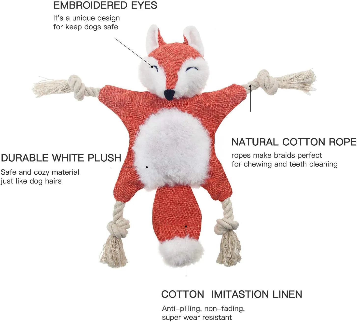 Brown fox-shaped dog toy with squeaker, crinkle paper, cotton rope limbs, and embroidered eyes
