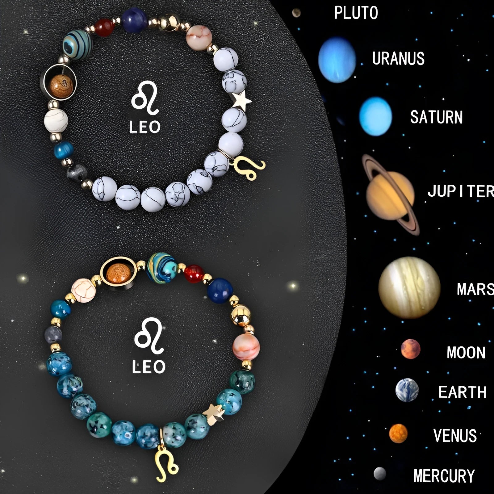 Set of twelve natural stone beaded bracelets for each zodiac sign arranged together.