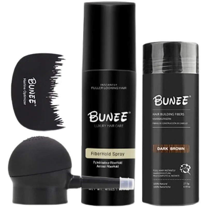 Hair fibre powder kit with 275g canister, styling spray bottle, and applicator nozzle for thinning hair.