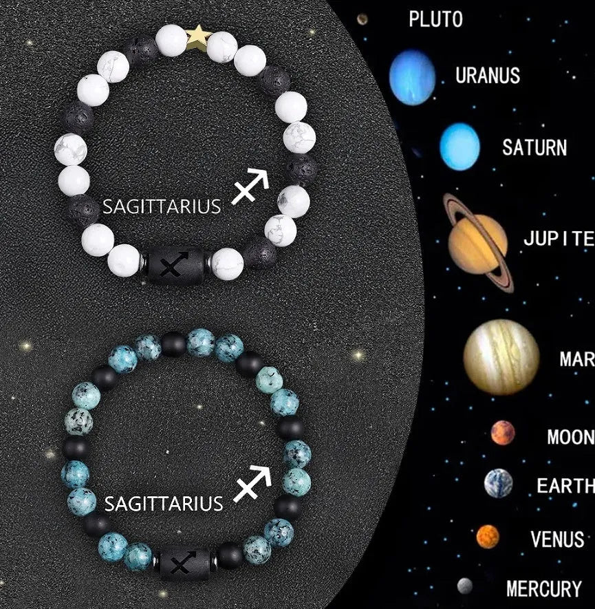 Natural stone beaded zodiac bracelet set showing twelve astrological signs