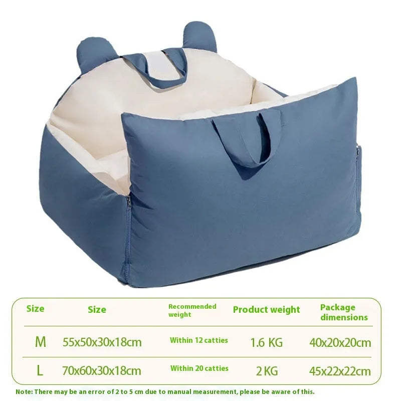 Removable blue beige dog car kennel with PP raw cotton padding, shown in a vehicle boot.