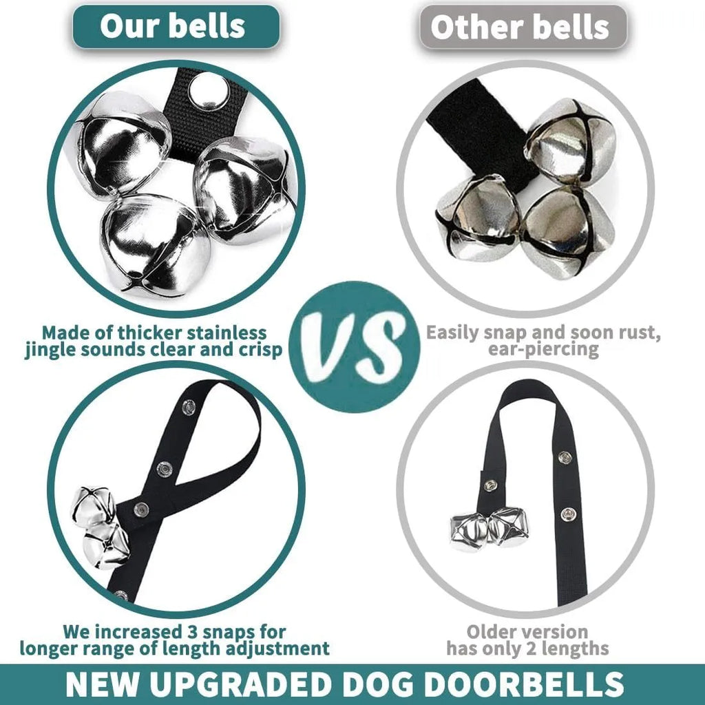 Adjustable dog training doorbell with seven silver metal bells on a heavy-duty nylon strap
