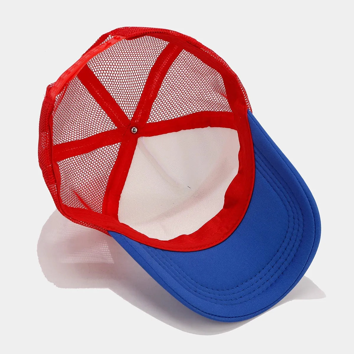 Red and blue contrast colour baseball cap with adjustable strap and mesh panels