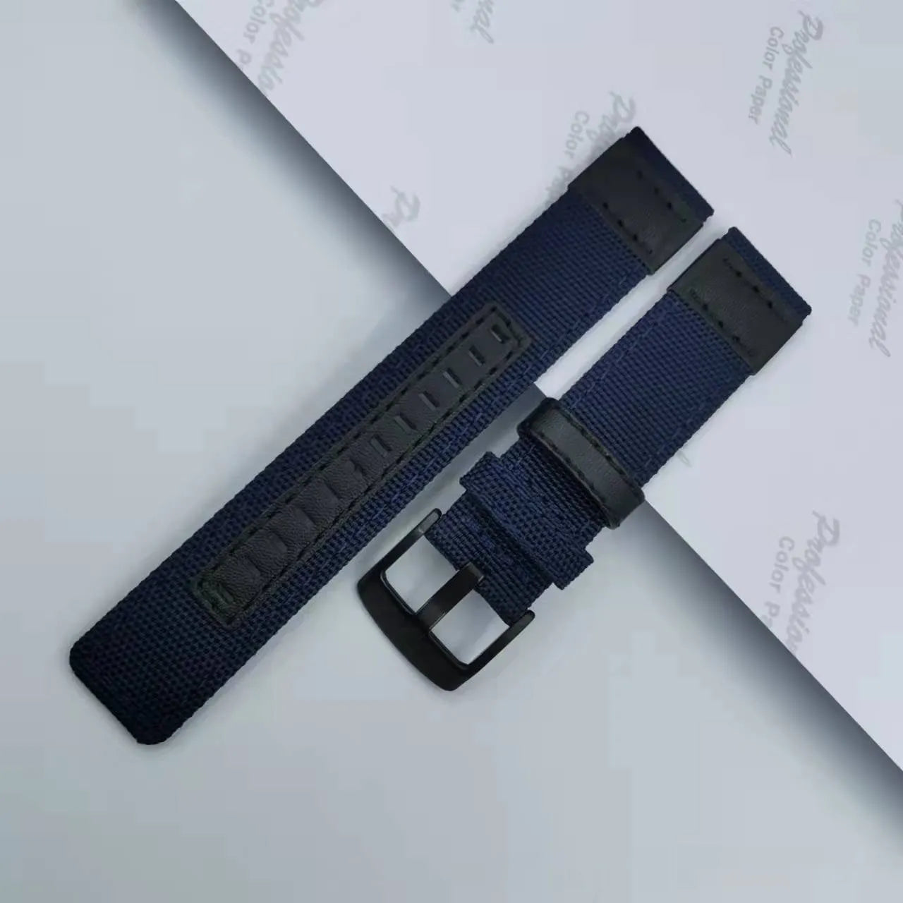 Oxford cloth watch strap shown in multiple colours including camouflage, army green, and black, with size options for 20mm, 22mm, and 24mm widths.
