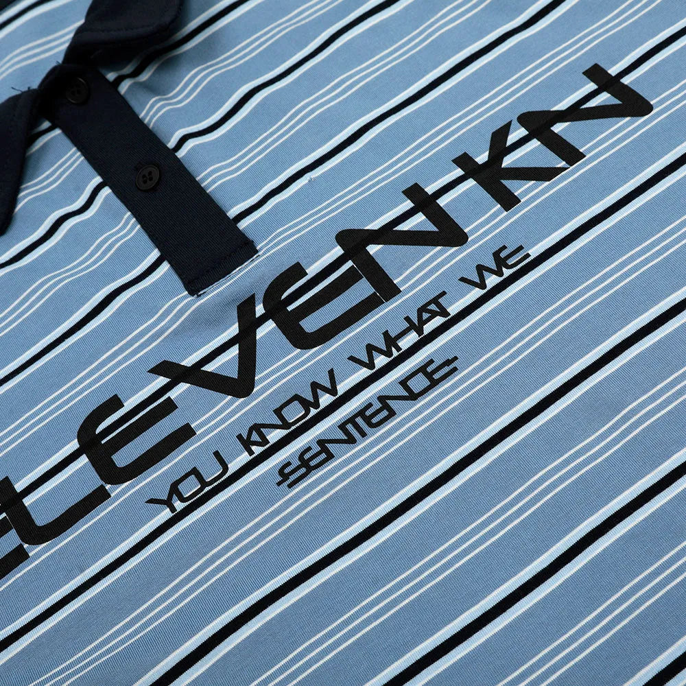 Man's blue and white vintage stripe cotton polo shirt with short sleeves and a loose fit.
