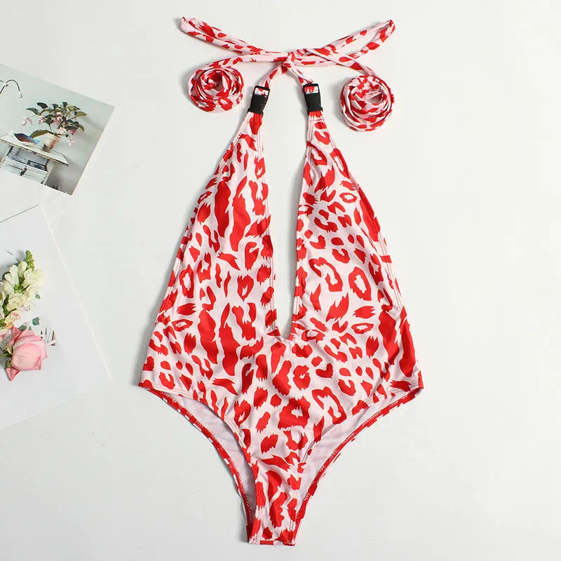 Leopard print one-piece swimsuit for women with buckle straps and backless design