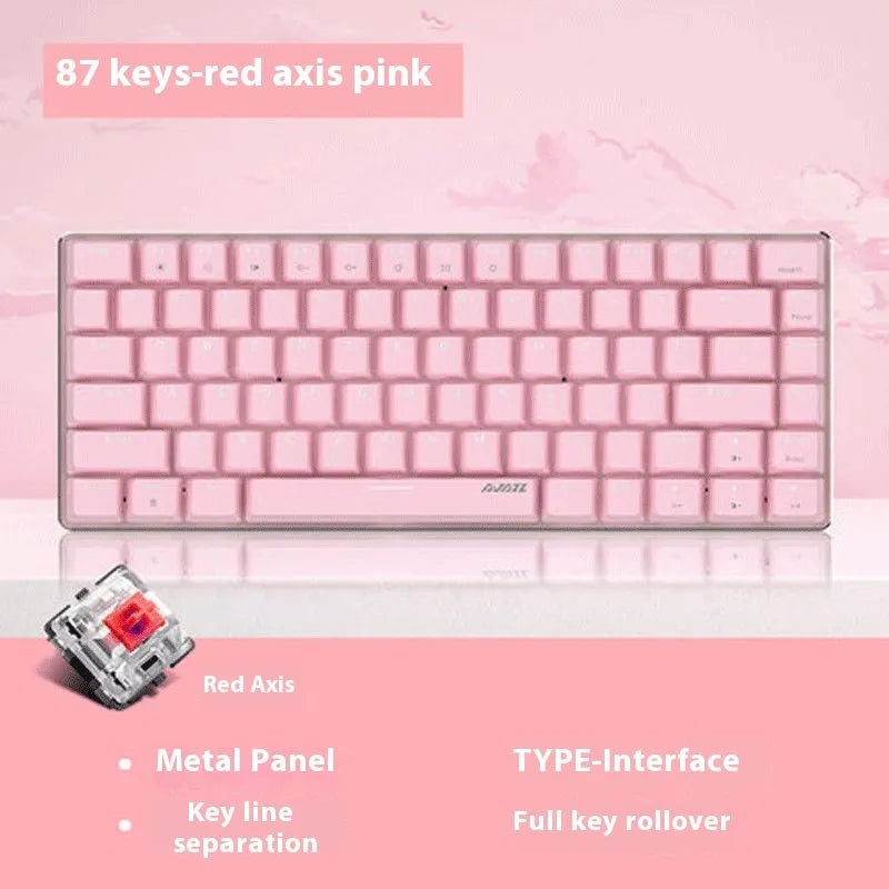 Pink mechanical keyboard with 82 keys and white backlight illumination on metal frame