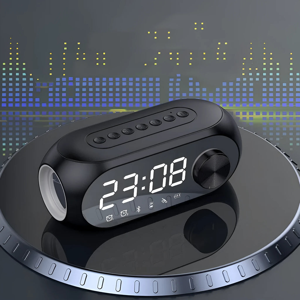 Extra bass portable mini clock in black, white, or blue colours with USB charging cable