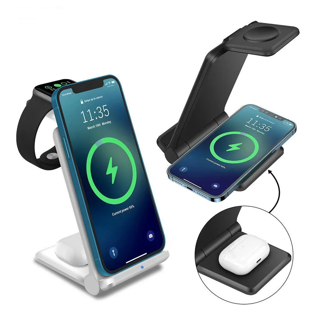Black foldable 3-in-1 wireless charging station showing phone, Apple Watch and AirPods charging simultaneously.