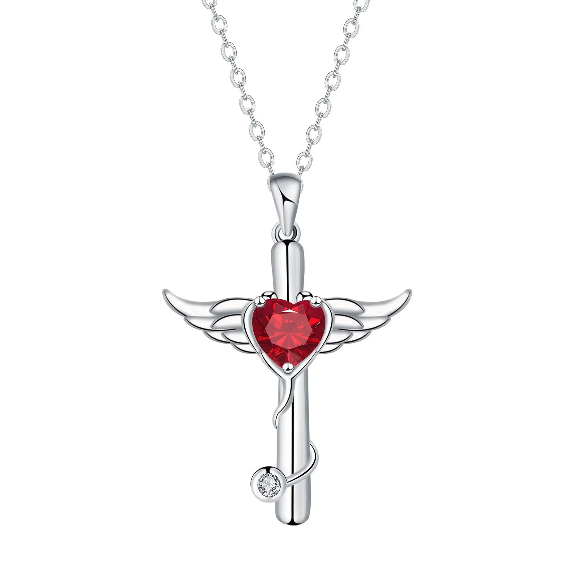 Copper cross stethoscope necklace with wings pendant in white diamond or red diamond electroplated finish