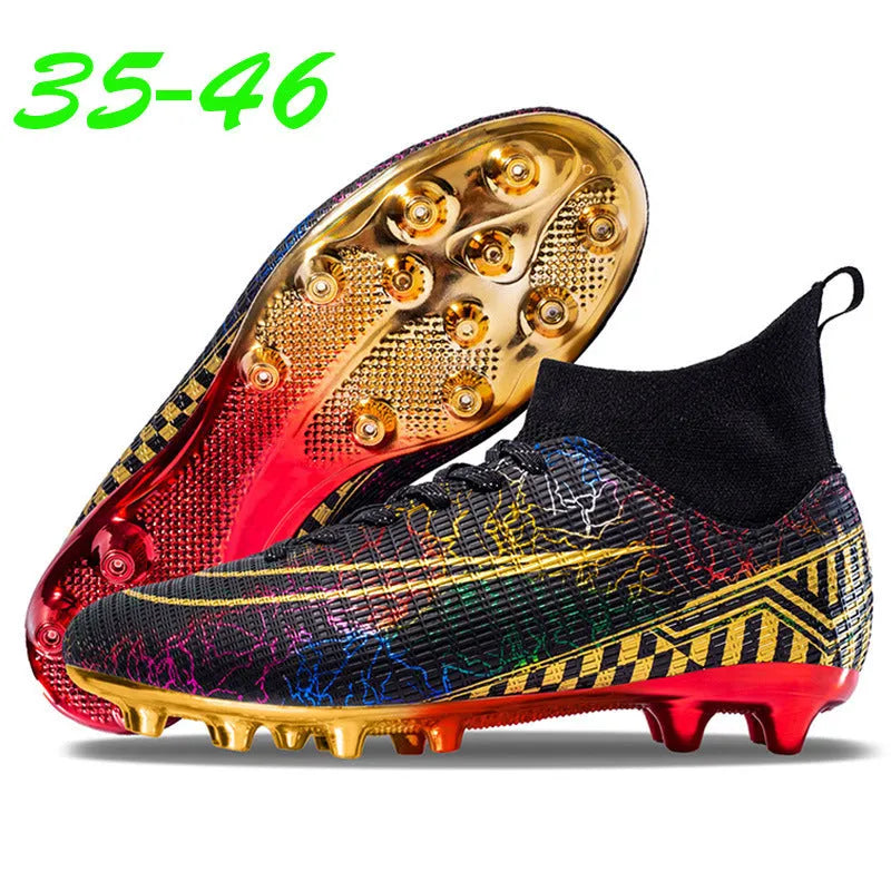 Men's white high-top soccer training shoe with gold-plated sole and lace-up front closure