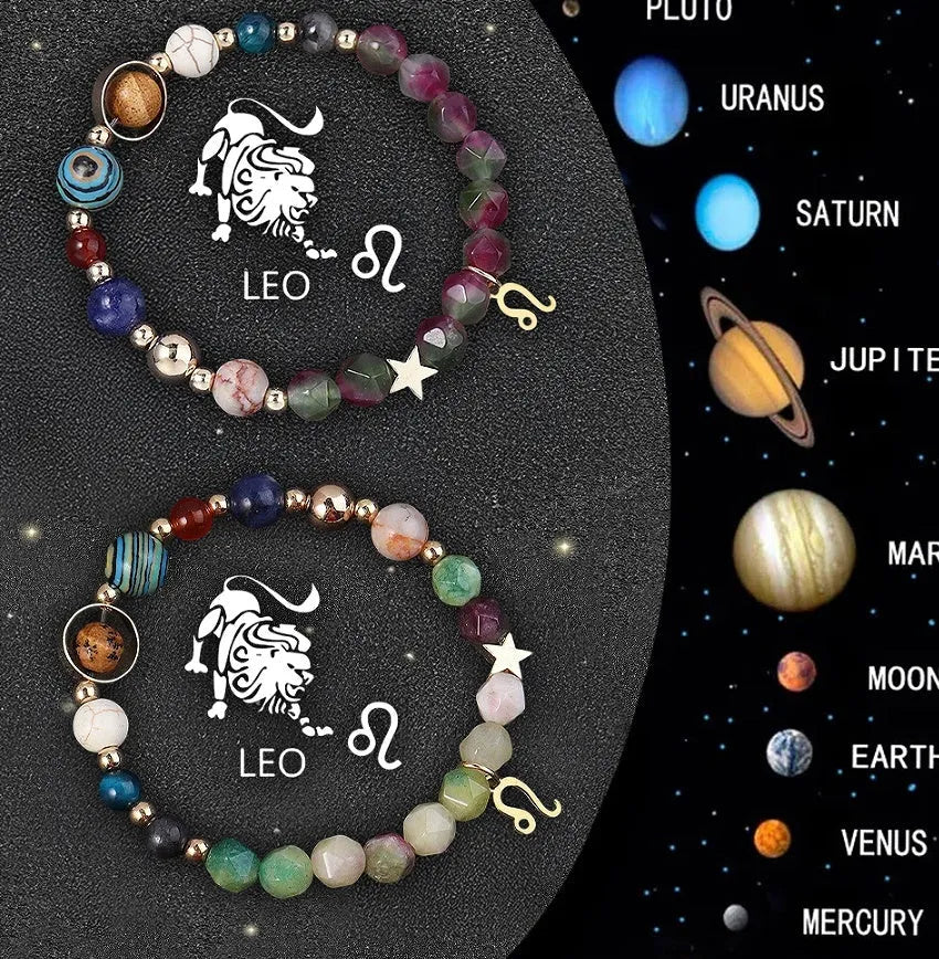 Natural stone beaded zodiac bracelets showing twelve astrological sign designs on elastic cord