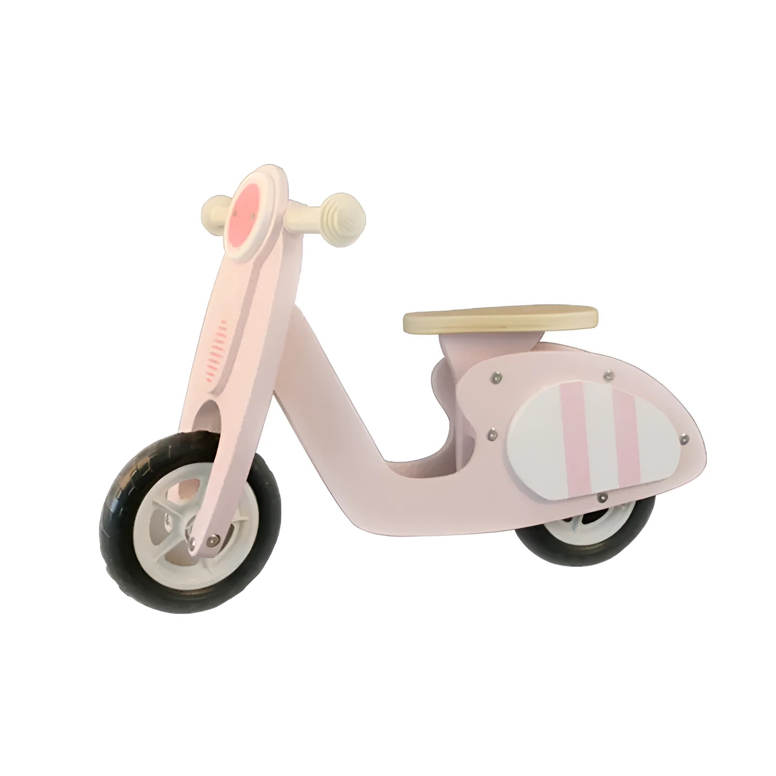 Pink wooden balance scooter for toddlers and children aged 1 to 6 years.