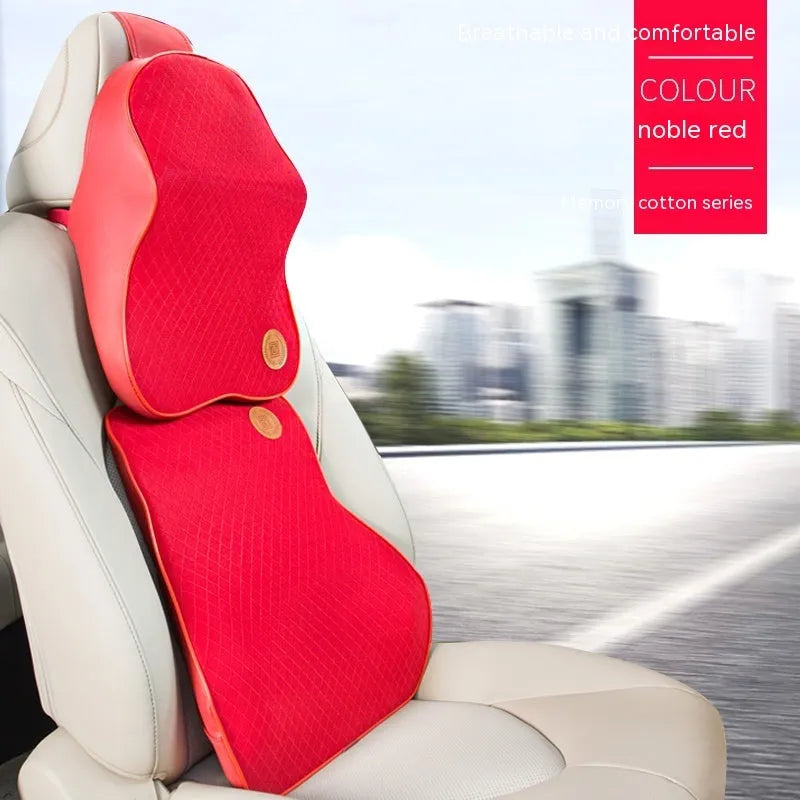 Black and beige memory foam headrest pillow and lumbar support pillow for car seats.