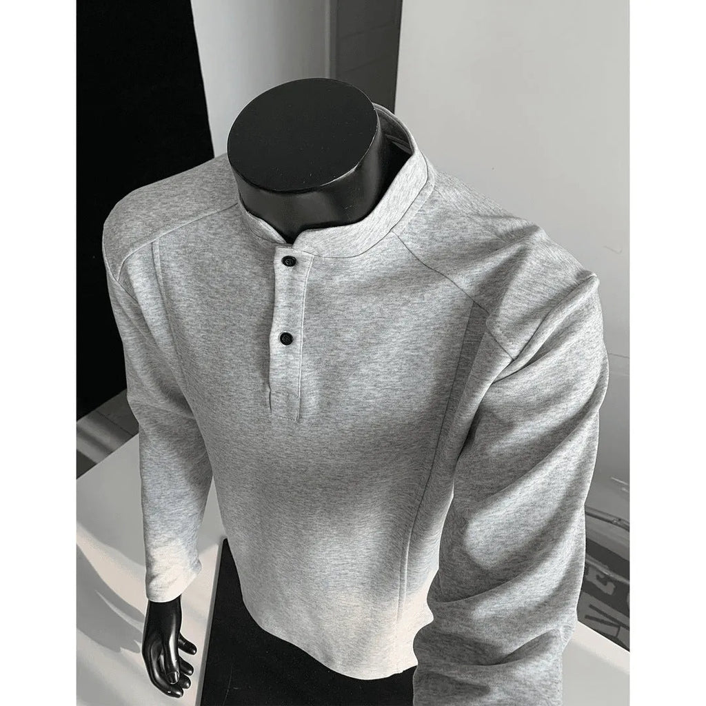 Men's polo shirt with stand-up collar and patchwork shoulder detailing in Chinese cotton fabric