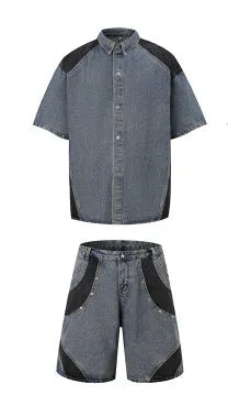 Retro washed denim suit with short-sleeved jacket and matching trousers in black or blue