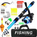 Children's beginner fishing rod set with pole and wheel in blue, green, red, or yellow colour options
