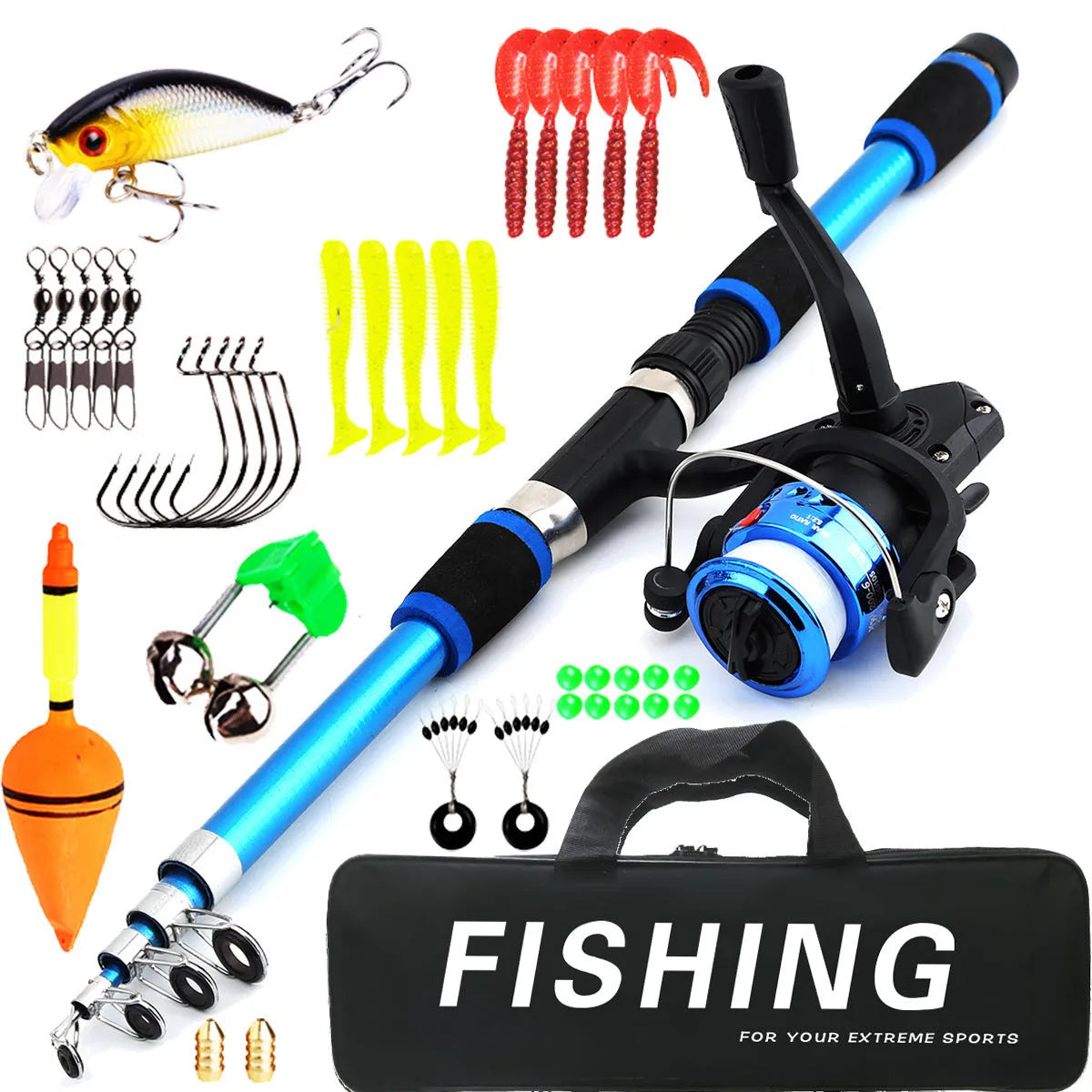 Children's beginner fishing rod set with pole and wheel in blue, green, red, or yellow colour options