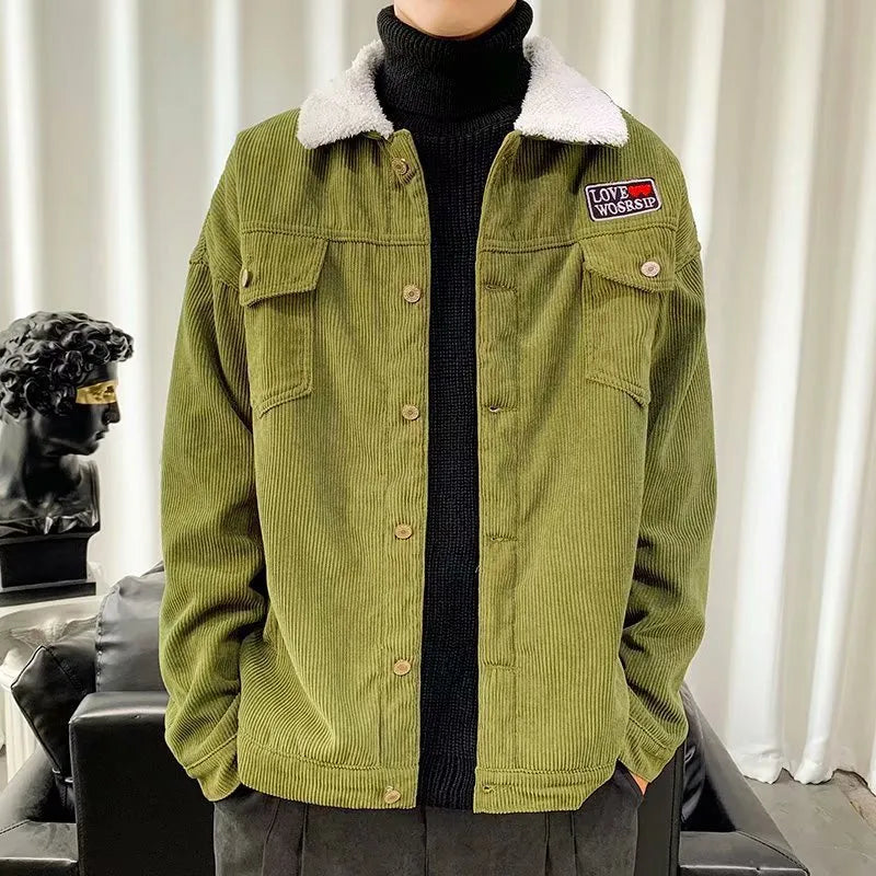 Men's loose fit corduroy workwear jacket in khaki colour with regular sleeves and solid pattern