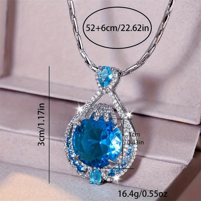 Women's blue crystal geometric pendant necklace with water wave chain and alloy construction