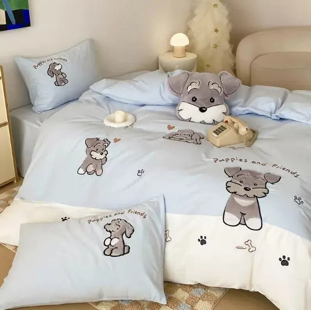 Cute Schnauzer dog cartoon design thickened cotton bedding set with quilt cover, sheet, and pillowcases