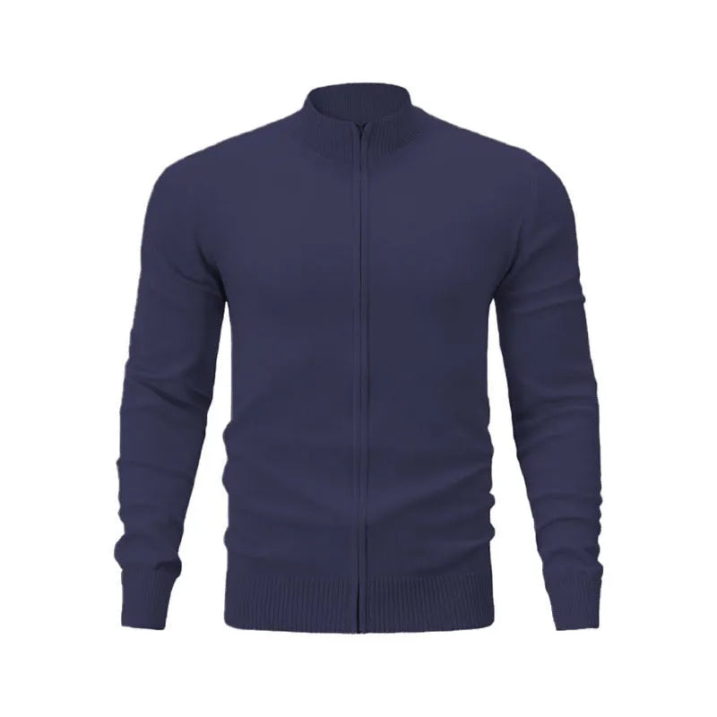 Cotton stand collar zipper sweater in a solid colour on a hanger.