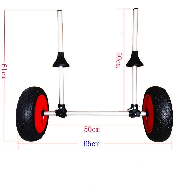 Foldable aluminium kayak beach trailer with upright poles and platform for transporting open kayaks.