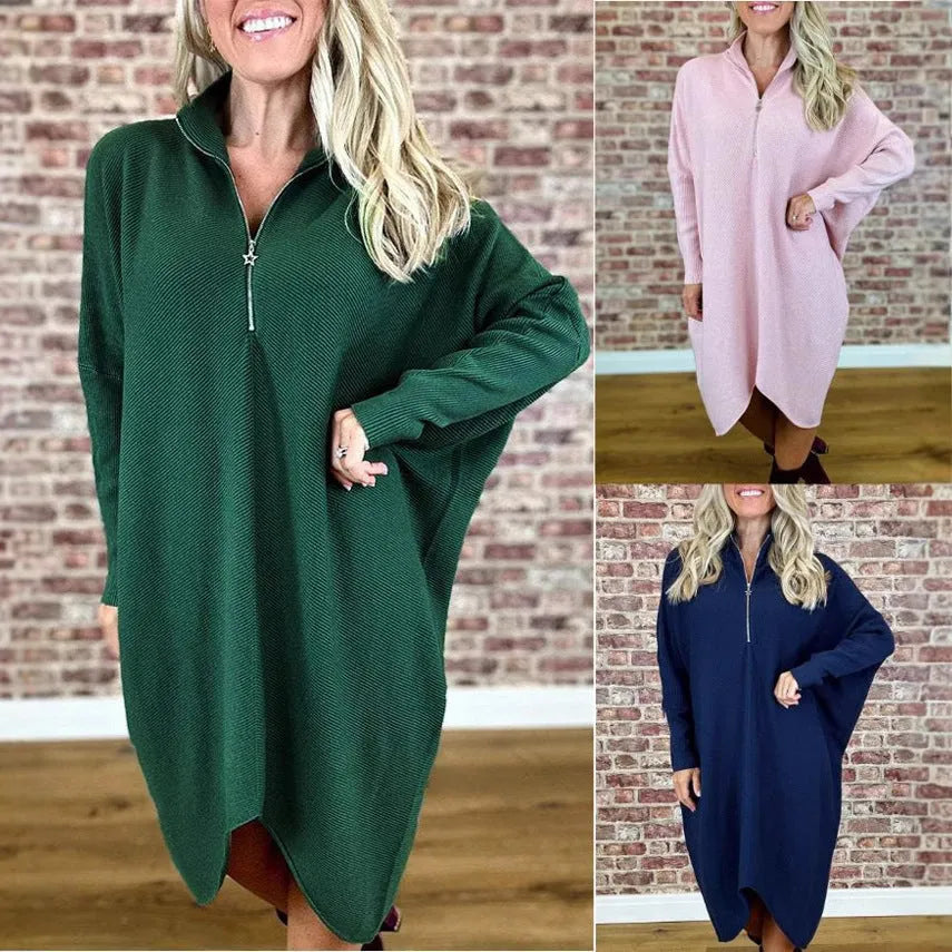 Women's solid colour knitted dress with raglan sleeves and zipper detail
