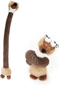 Plush stuffed dog toy with brown, gray or yellow colour options featuring crinkle and squeaker elements