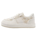 Beige plaid leisure sports board shoes with round toe and lace-up front on a rubber sole.