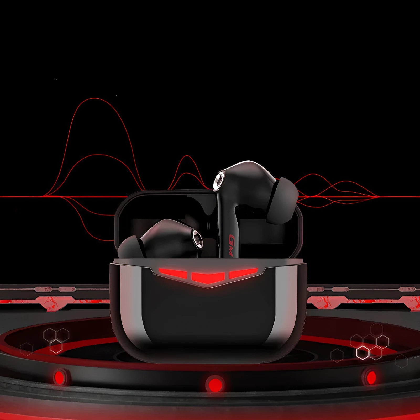 True wireless black in-ear gaming headphones with a white charging case and spare ear tips