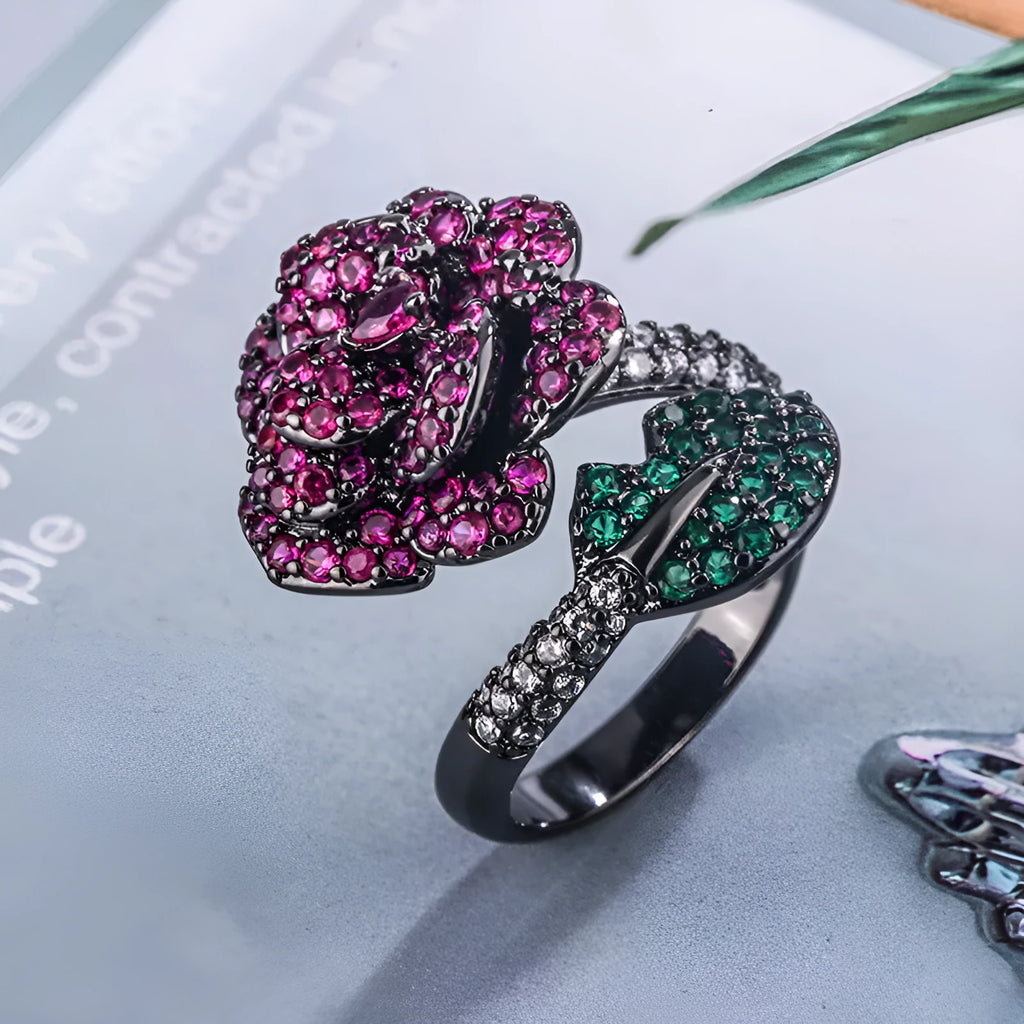 Geometric black gold floral ring with simulated red corundum stones for women