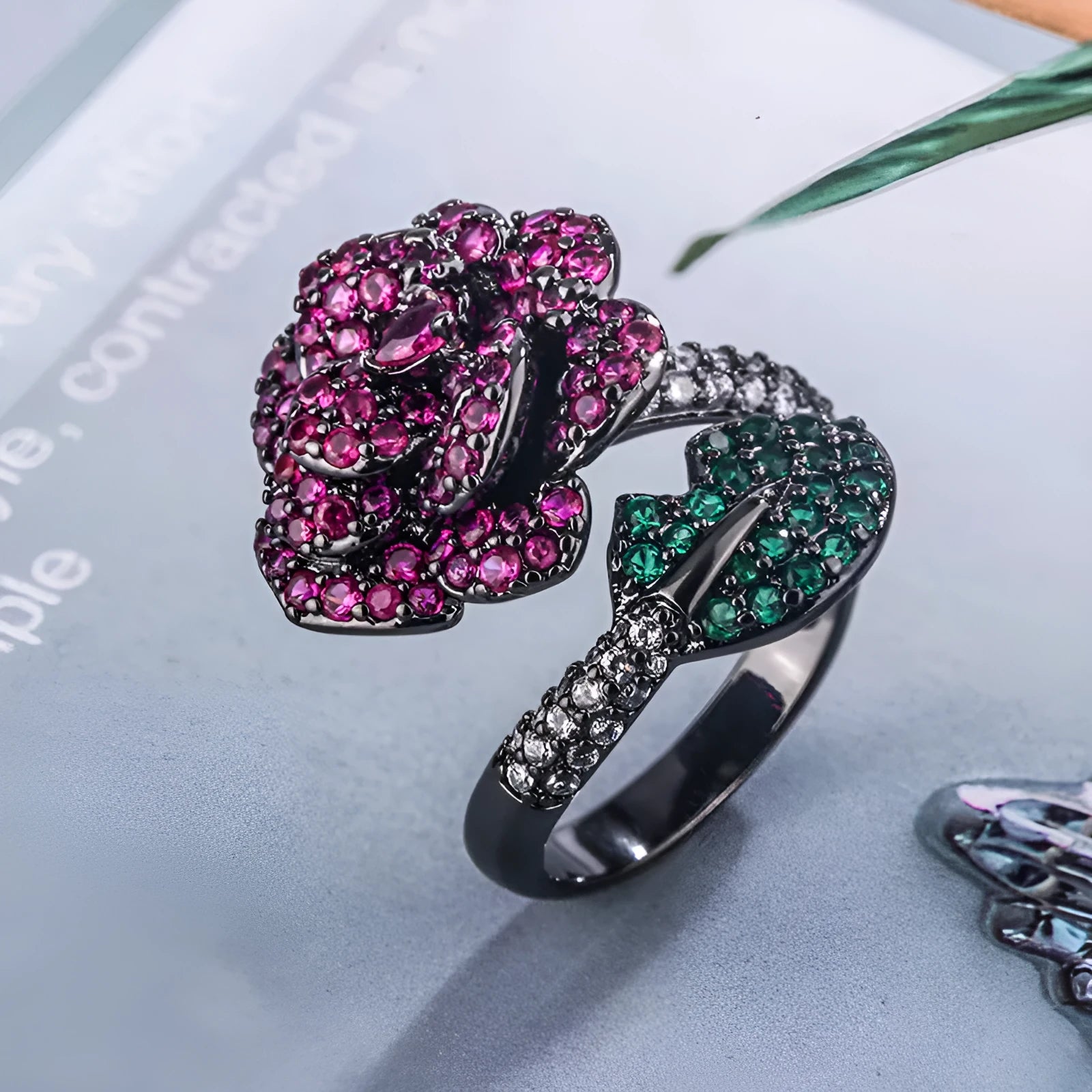 Geometric black gold floral ring with simulated red corundum stones for women
