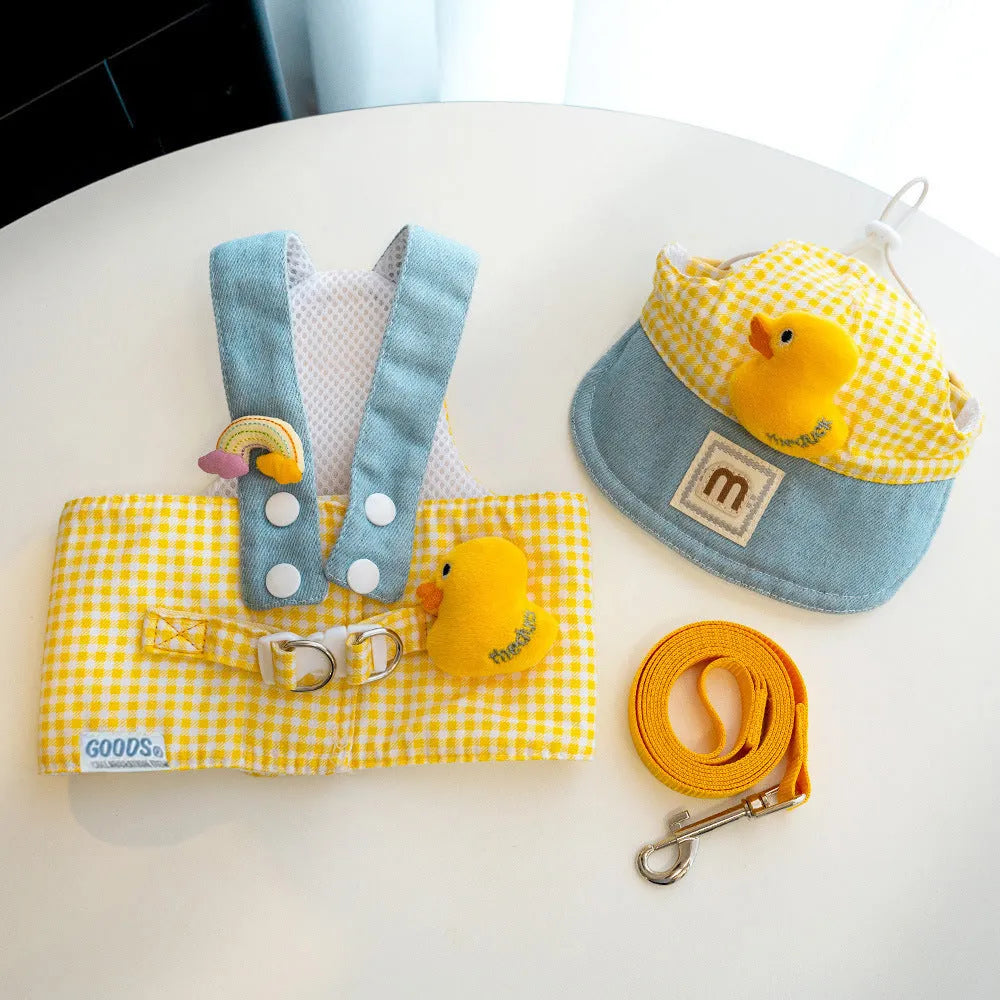 Three piece pet set with wire rope leash harness and cute hat for cats and dogs