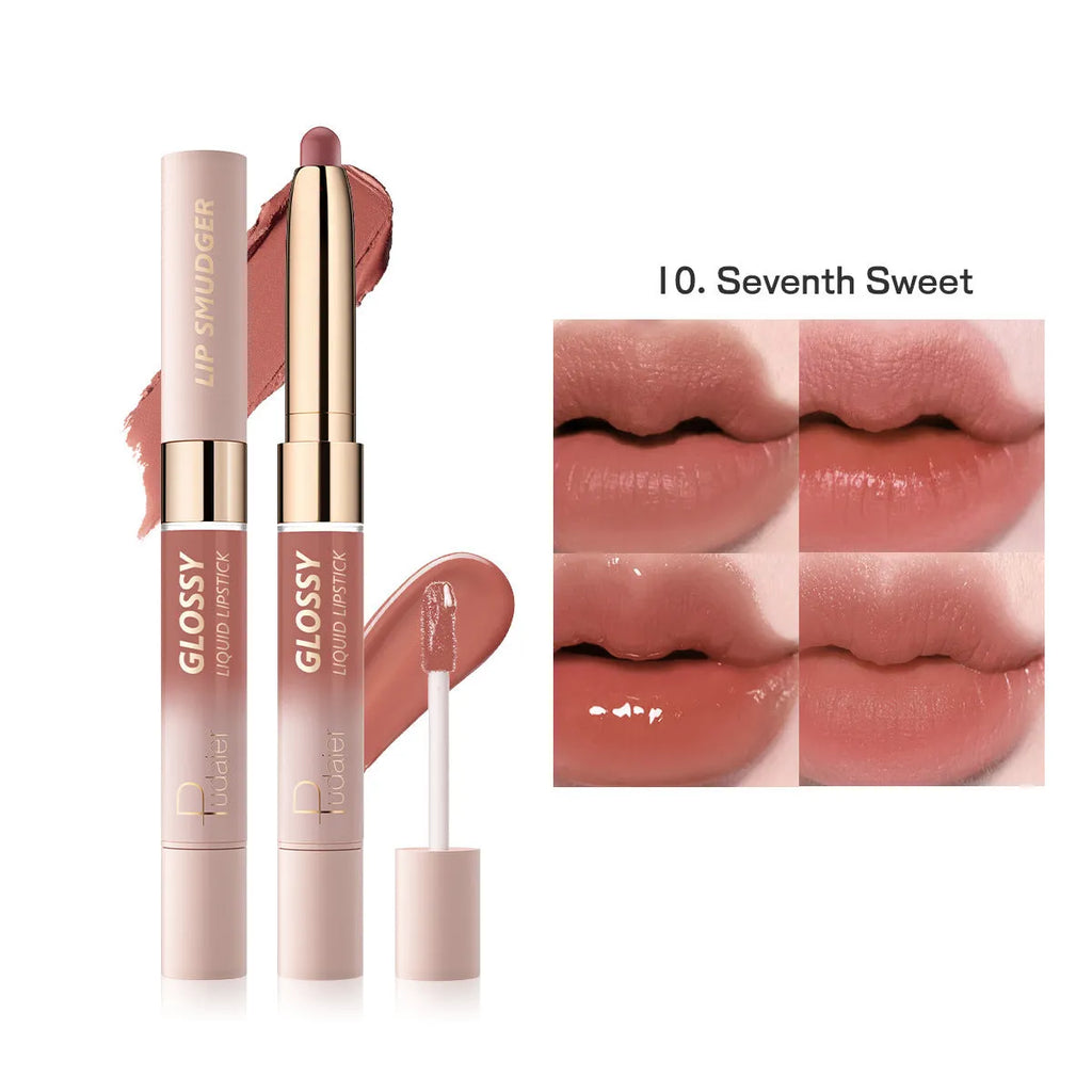 Double-headed lipstick and lip gloss product showing matte and glossy ends in one of ten available colours