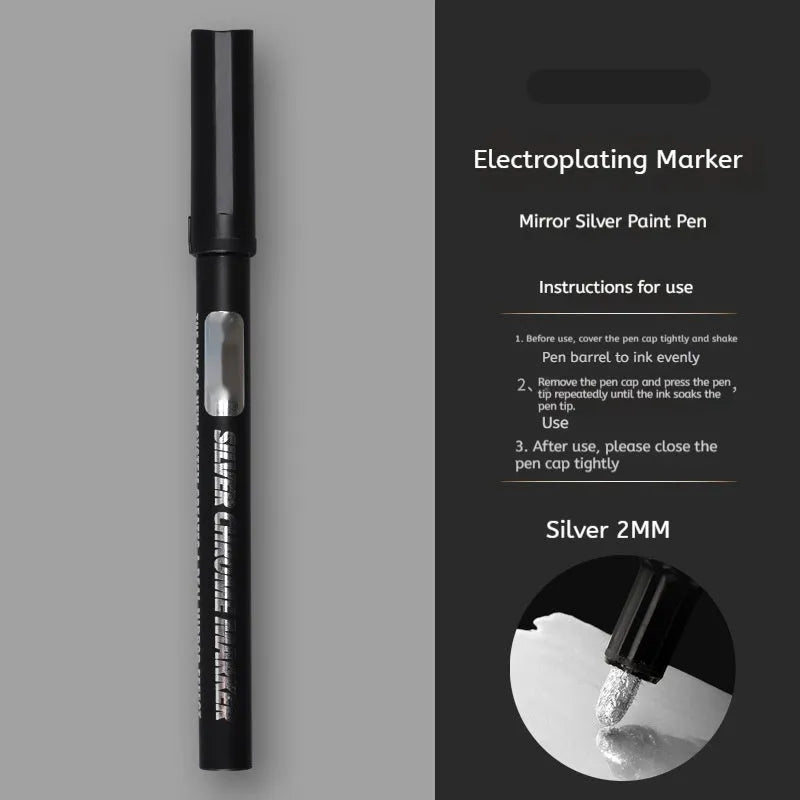 Waterproof mirror marker pen with plastic shell showing 1mm and 2mm tip size options.