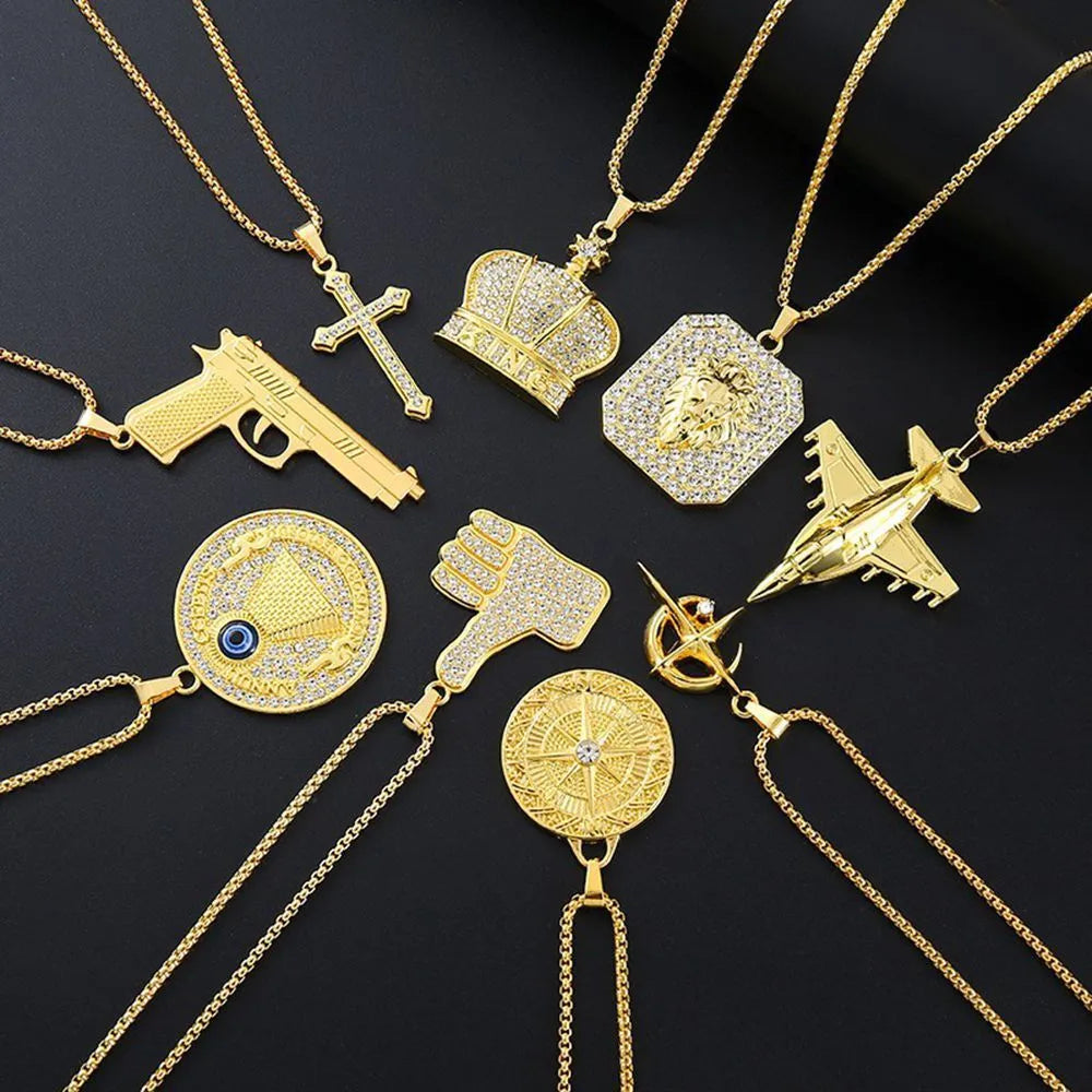 Women's geometric pendant necklace with inlaid zircon stones on a gold-tone alloy chain
