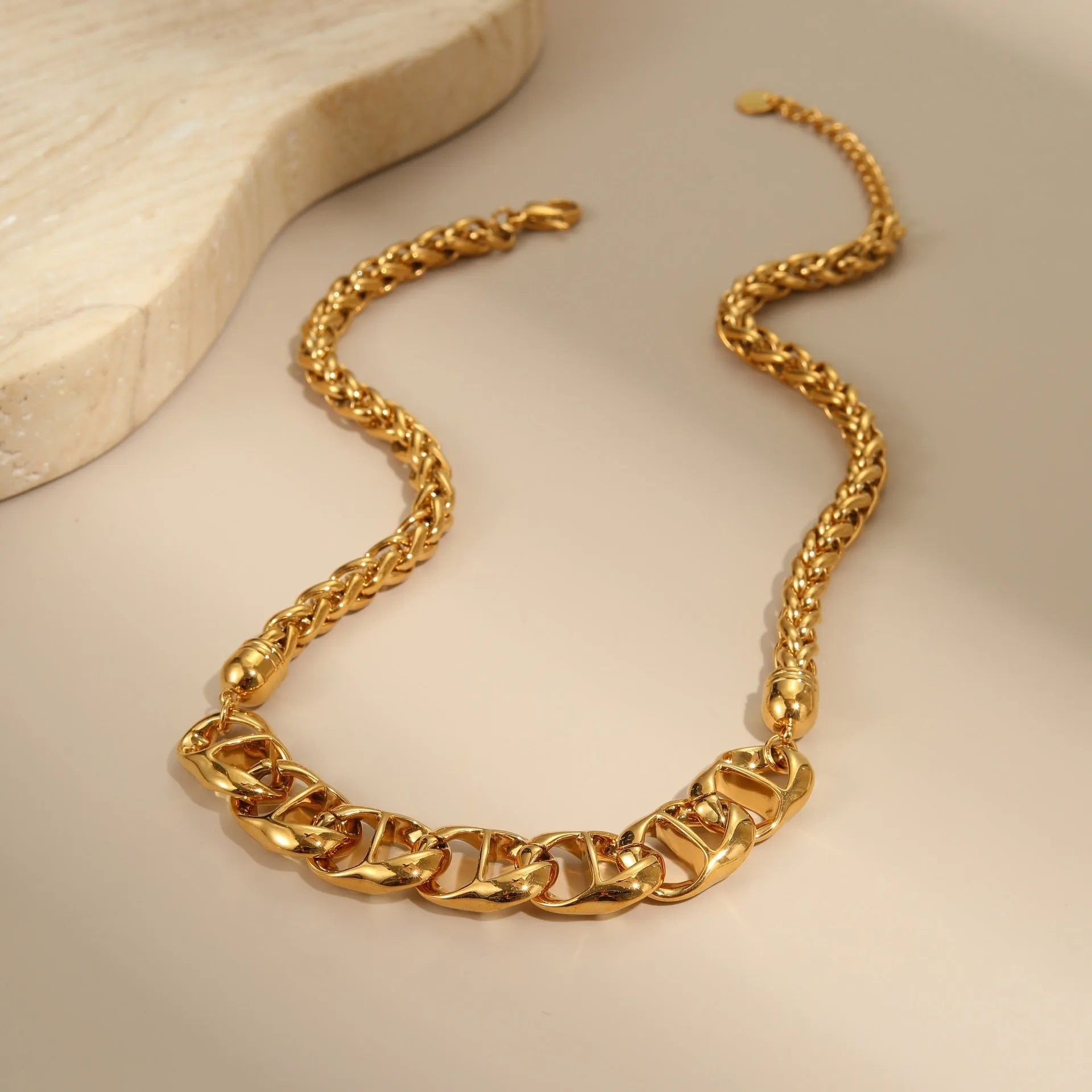 Stainless steel geometric pendant necklace with gold electroplating on regular chain