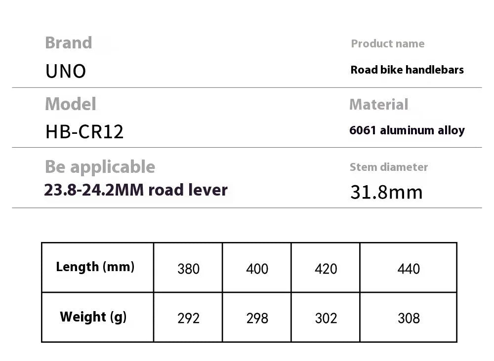 Black UNO aluminium alloy road bike drop handlebar showing curved shape and 31.8mm clamp section.
