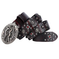 Men's punk rivet leather belt in retro colours with alloy buckle showing length options from 105cm to 125cm.