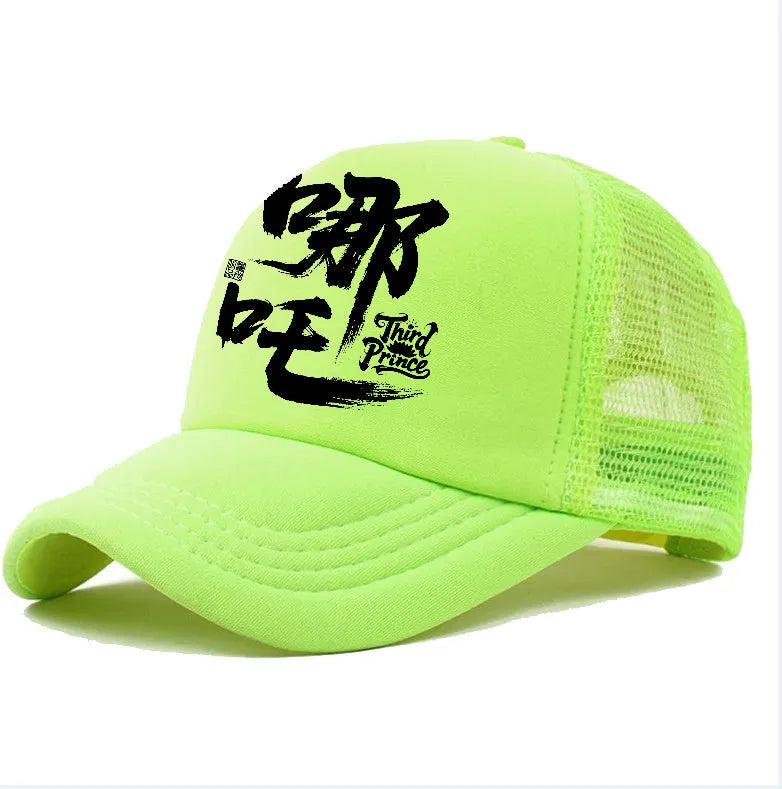 Men's polyester baseball cap showing colour options: black, blue, green, grey, pink, white.