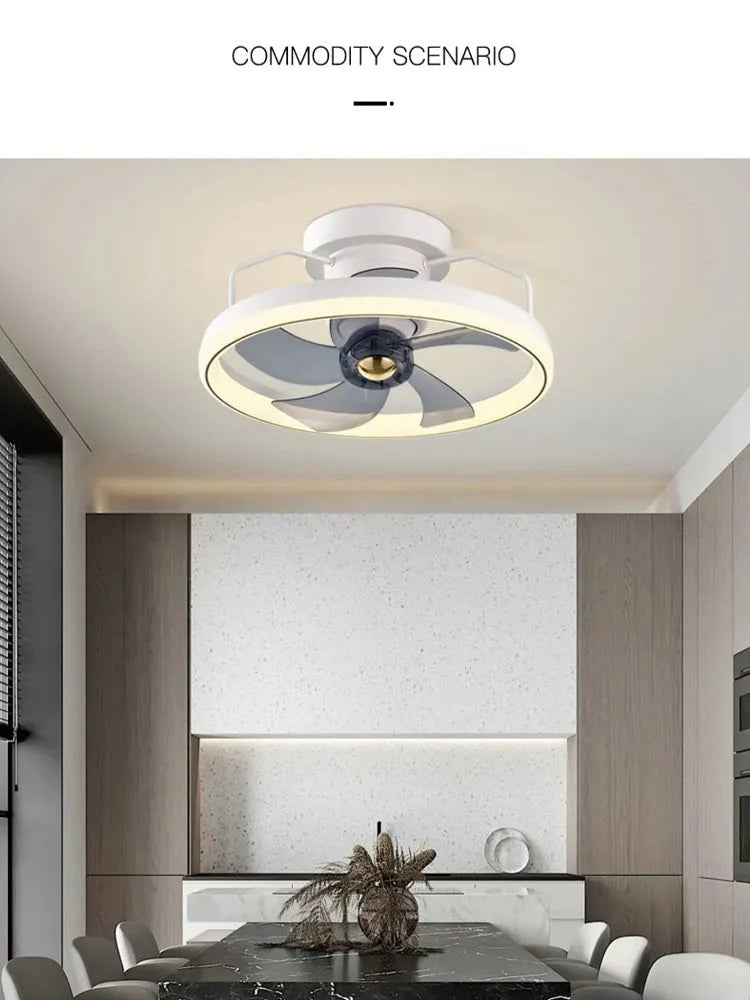 Modern simple style overhead fan lamp with light, white PC blades and acrylic shade.
