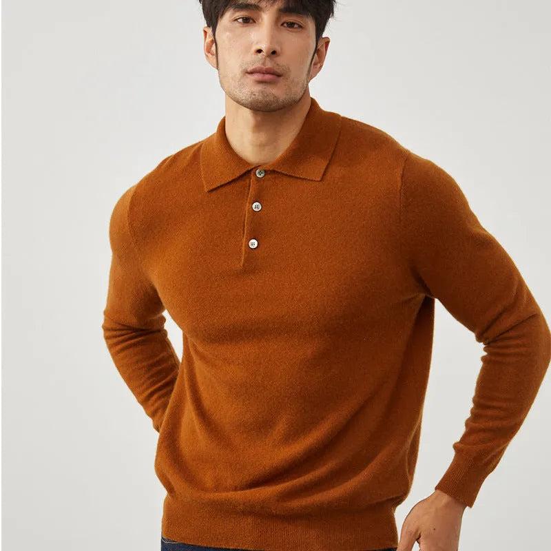 Men's blue cashmere polo collar pullover sweater on hanger showing loose fit design