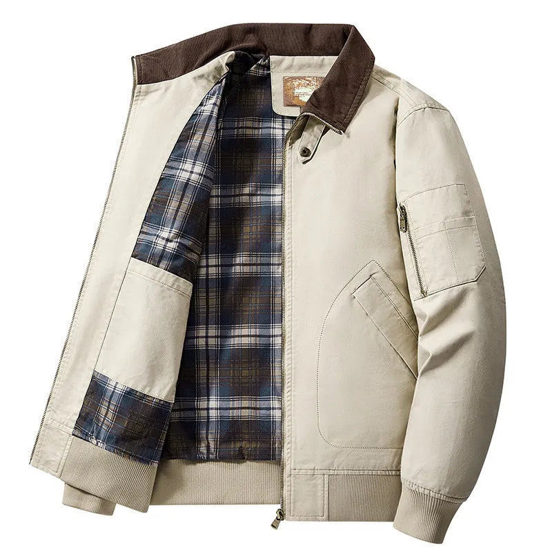 Men's washed cotton baseball flight jacket in beige, shown on a hanger.