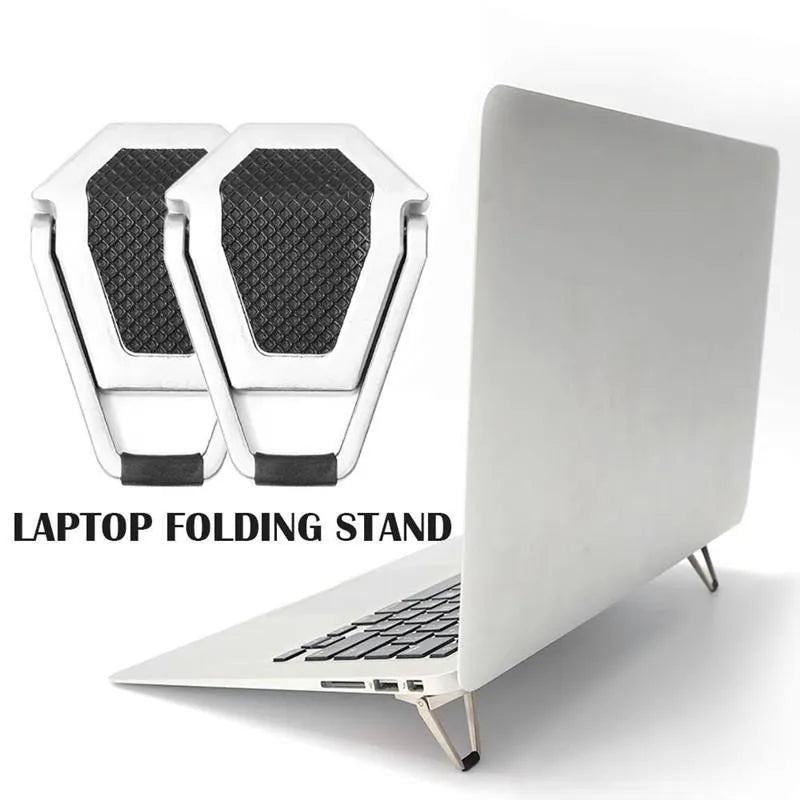 Foldable aluminum laptop bracket showing silver alloy construction and 3M adhesive backing